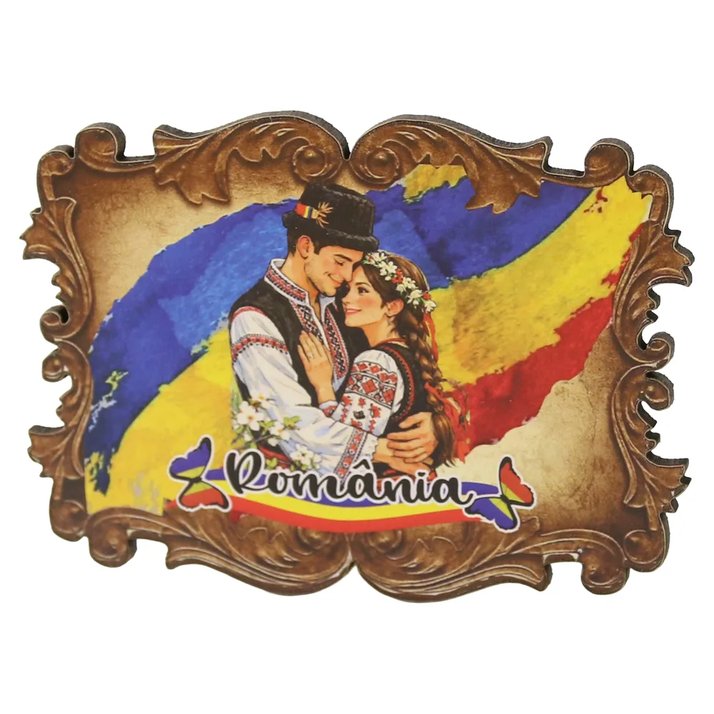 Magnet de frigider din placaj Romania 8 x 6 cm cuplu