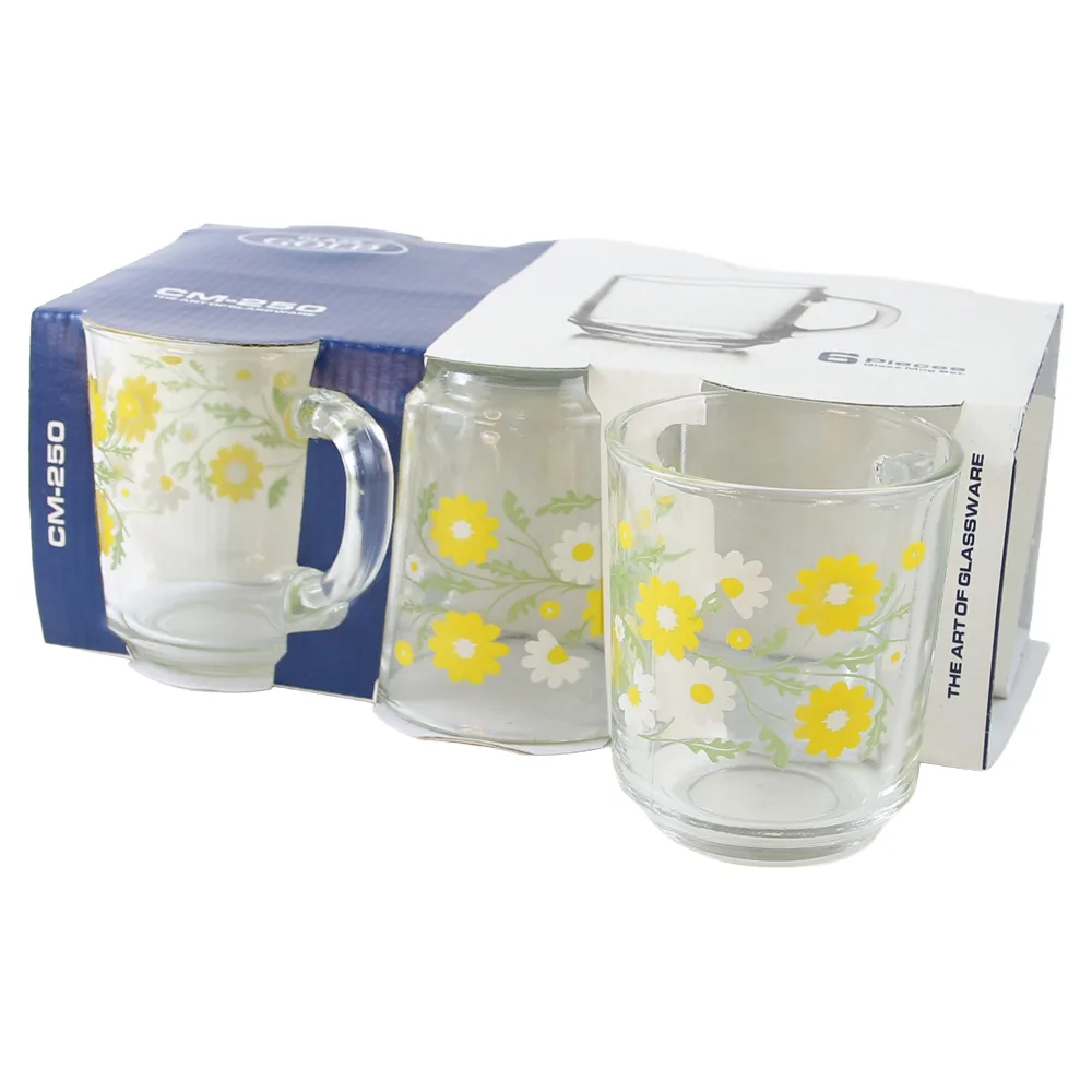 Set 6 cani din sticla cu margarete 250 ml Gold Glass
