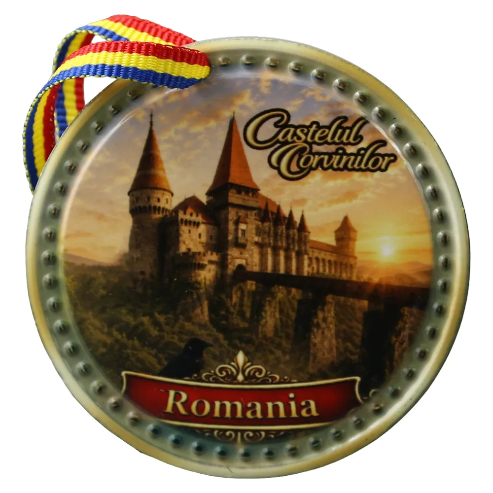Magnet de frigider rotund din ceramica Castelul Corvinilor 6.5 cm Magnet de frigider rotund din ceramica Castelul Corvinilor 6.5 cm