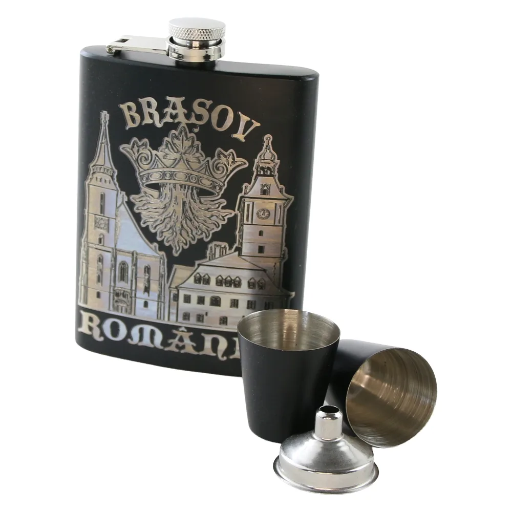 Set cadou Romania plosca gravata 220 ml cu palnie si 2 pahare Brasov Set cadou Romania plosca gravata 220 ml cu palnie si 2 pahare Brasov