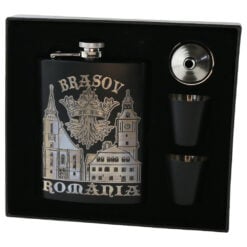 Set cadou Romania plosca gravata 220 ml cu palnie si 2 pahare Brasov
