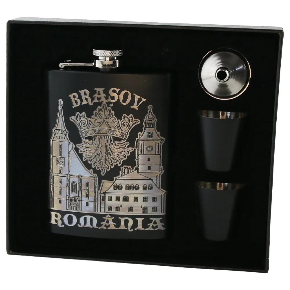 Set cadou Romania plosca gravata 220 ml cu palnie si 2 pahare Brasov Set cadou Romania plosca gravata 220 ml cu palnie si 2 pahare Brasov