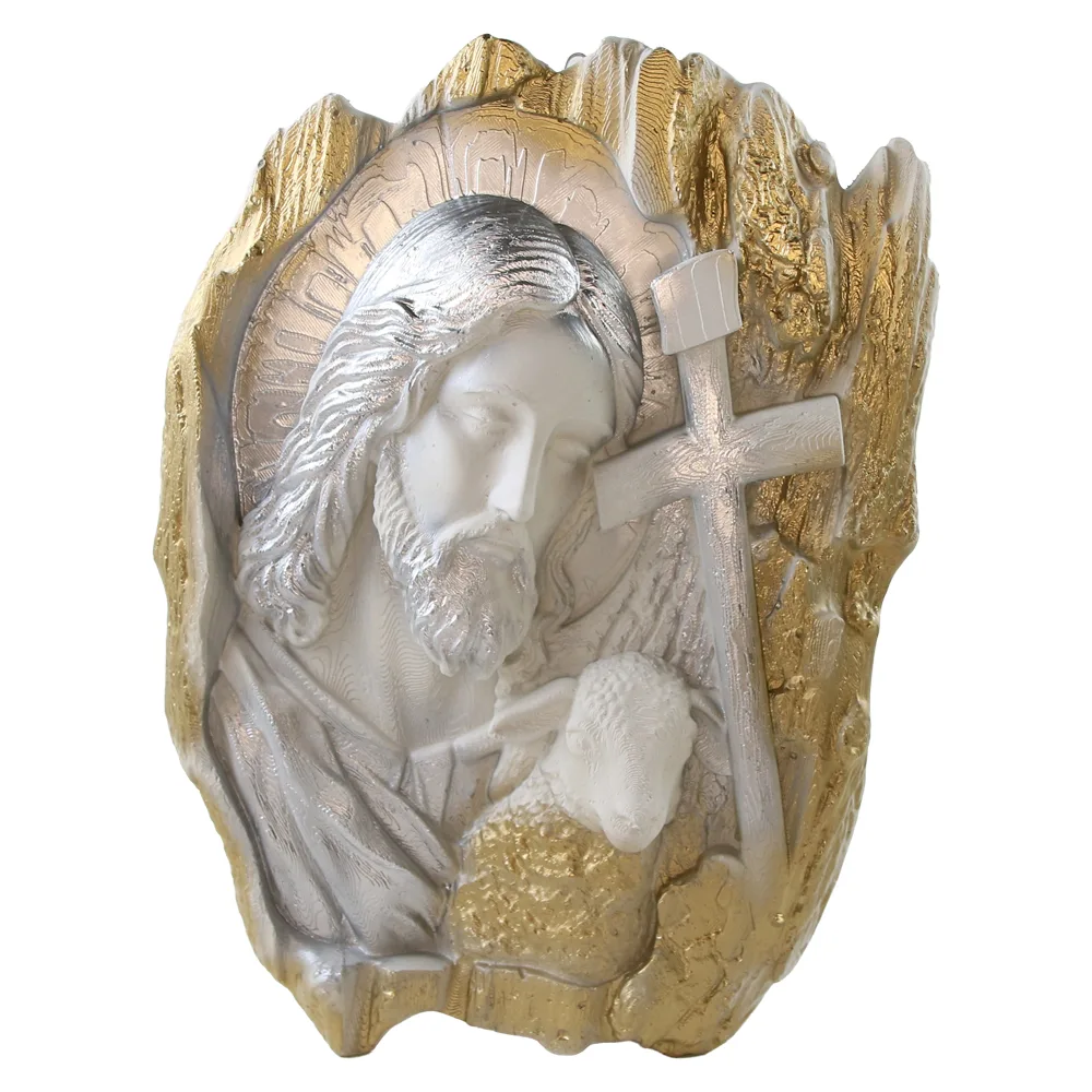 Placheta din ipsos Isus cu miel si cruce 22 x 30 cm Placheta din ipsos Isus cu miel si cruce 22 x 30 cm