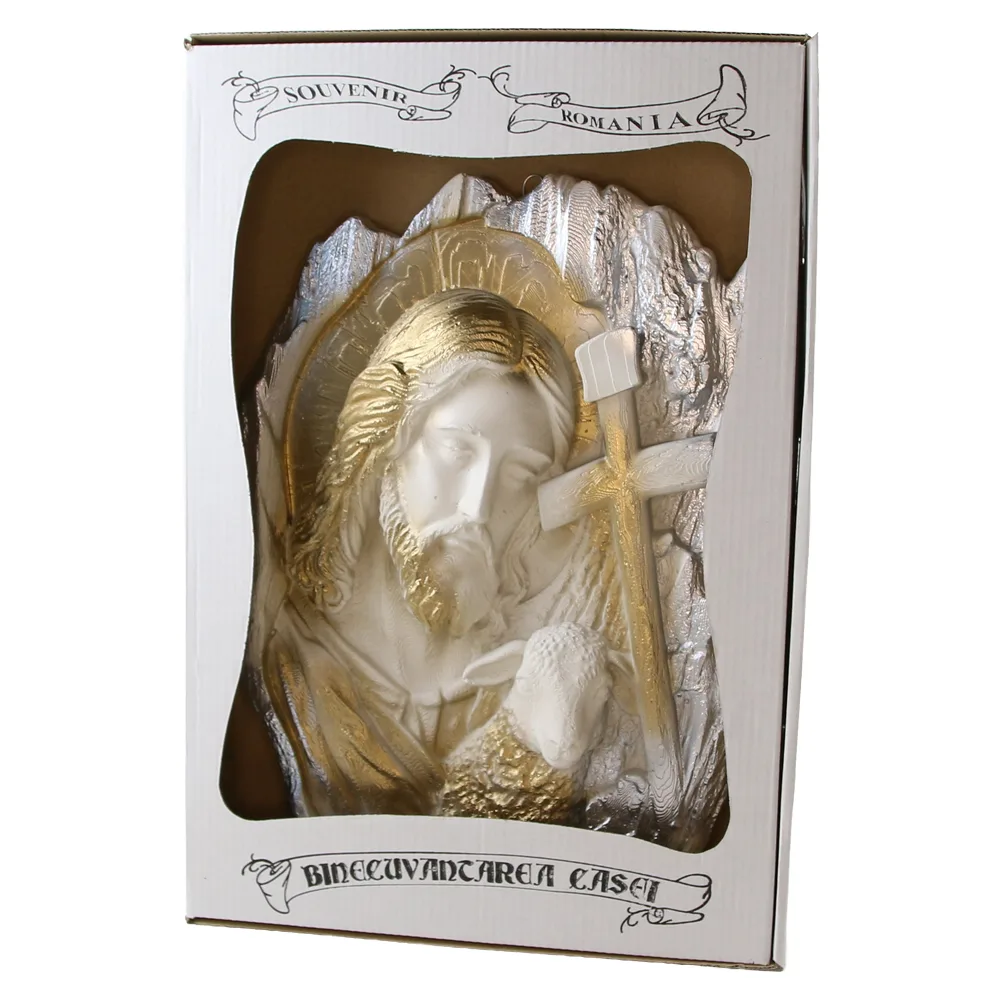 Placheta din ipsos Isus cu miel si cruce 22 x 30 cm Placheta din ipsos Isus cu miel si cruce 22 x 30 cm