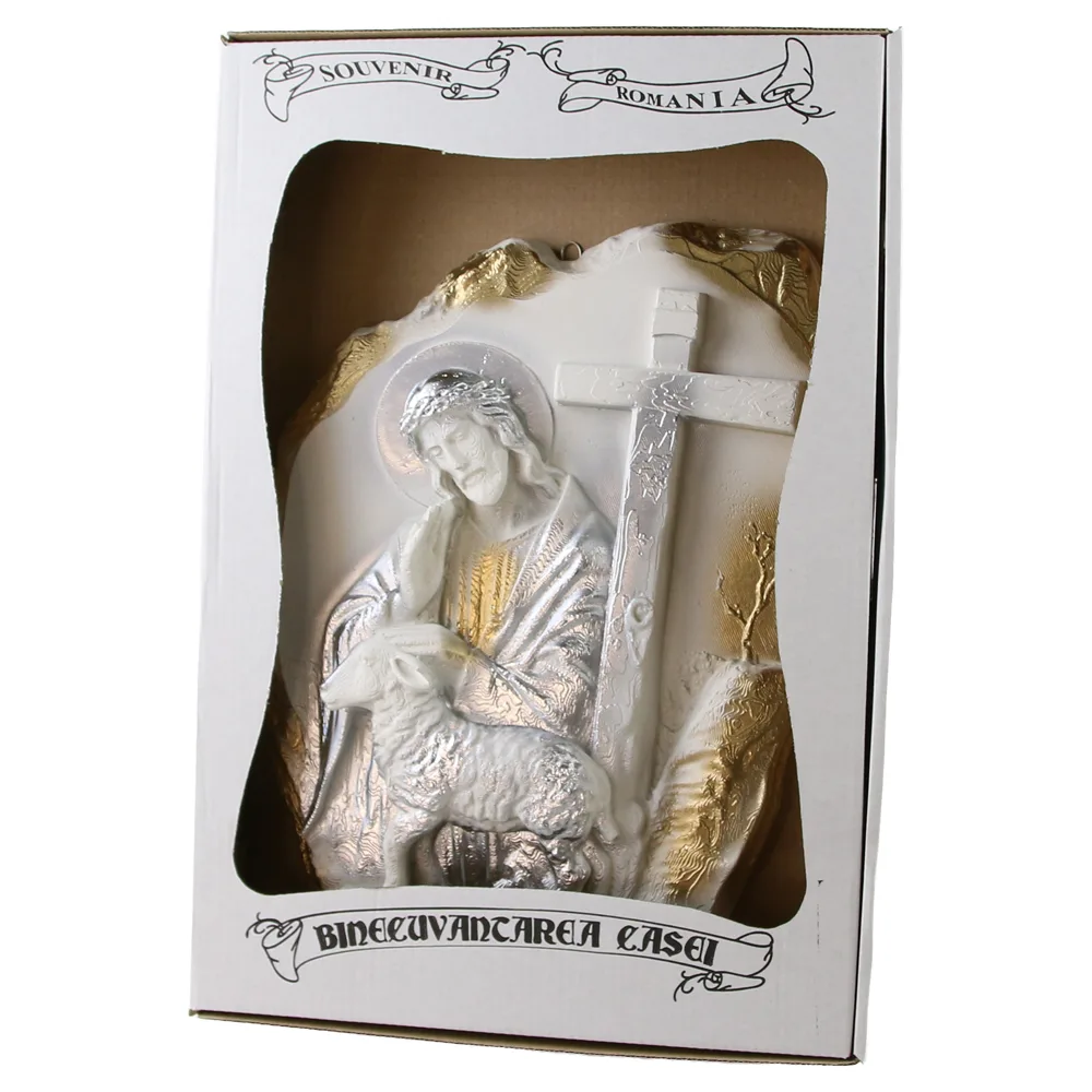 Placheta din ipsos Isus cu miel si cruce 22 x 29 cm