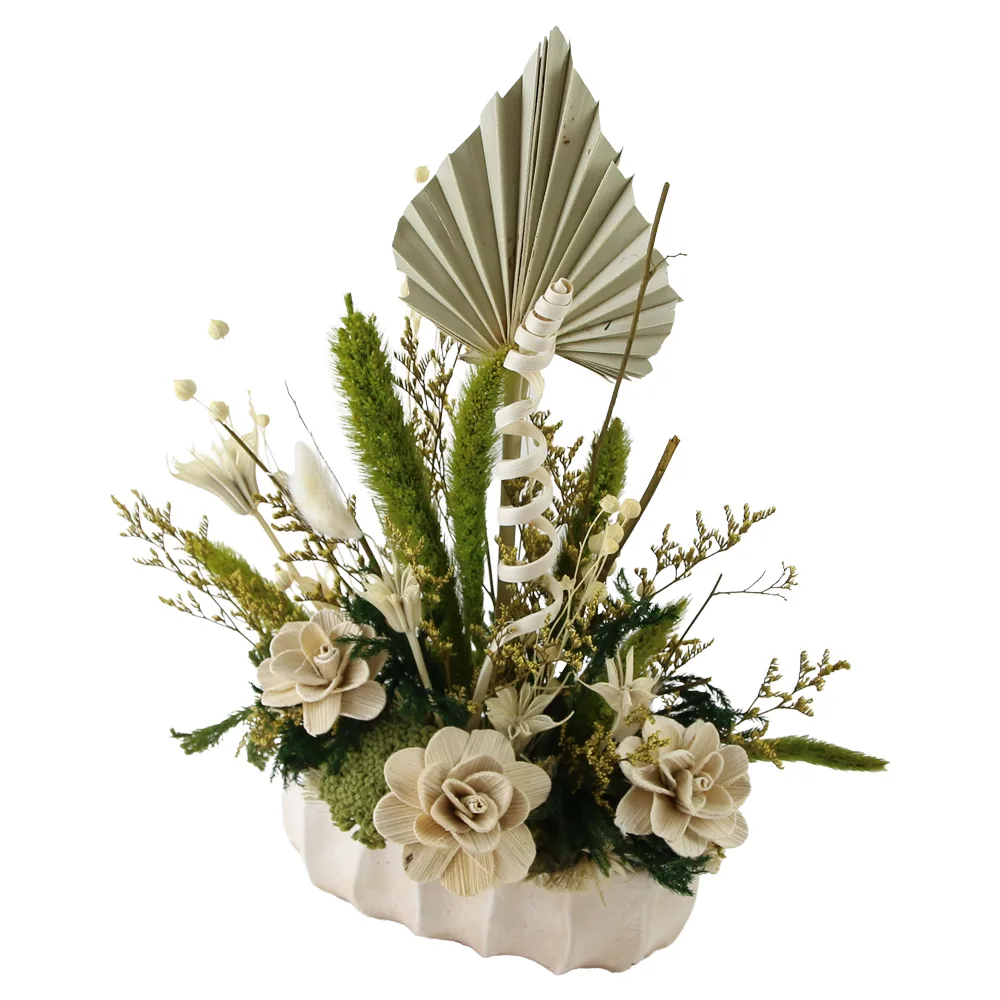 Aranjament floral cu plante uscate in ghiveci din piatra 30 x 35 cm