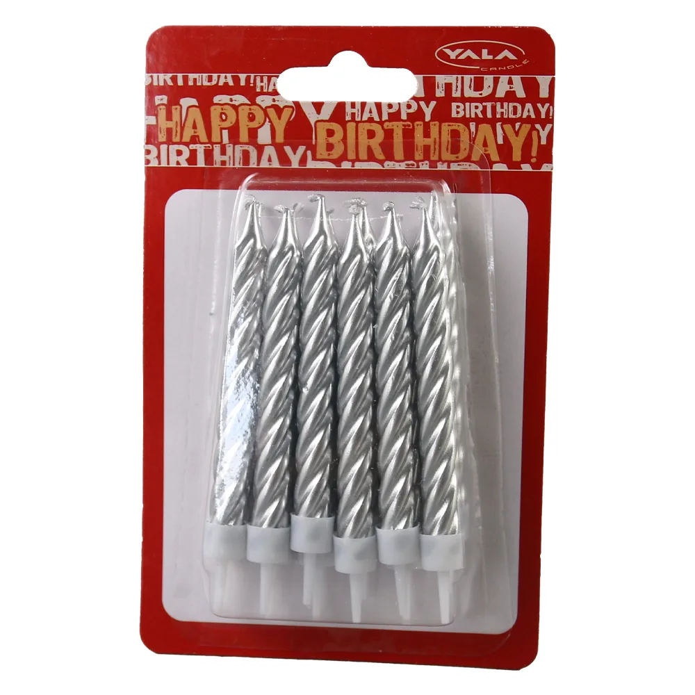 Set 12 lumanari spiralate argintii pentru tort 9 cm Set 12 lumanari spiralate argintii pentru tort 9 cm