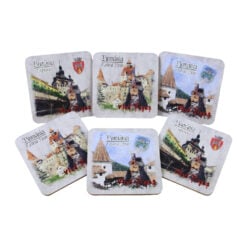 Set 6 suporturi pentru pahare din pluta Castelul Bran/Vlad Tepes - 9.5 x 9.5 cm