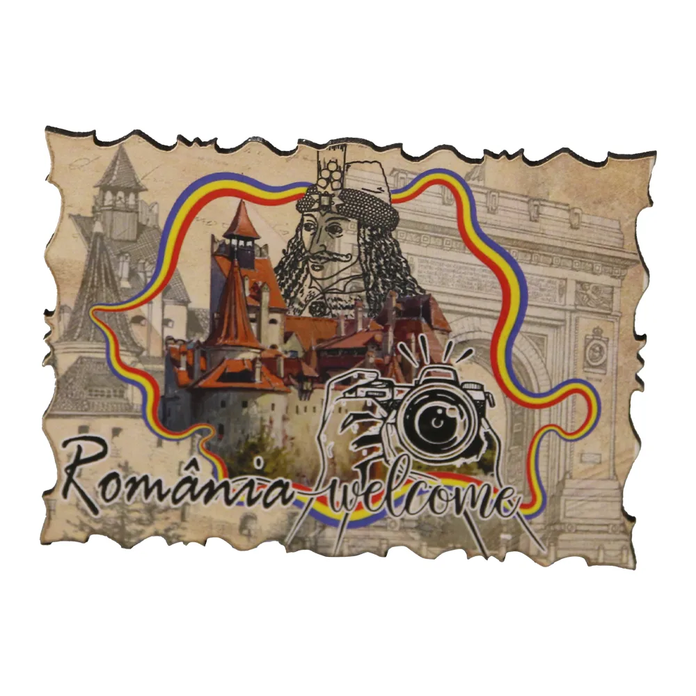 Magnet de frigider din lemn Welcome to Romania 9.5 x 7 cm