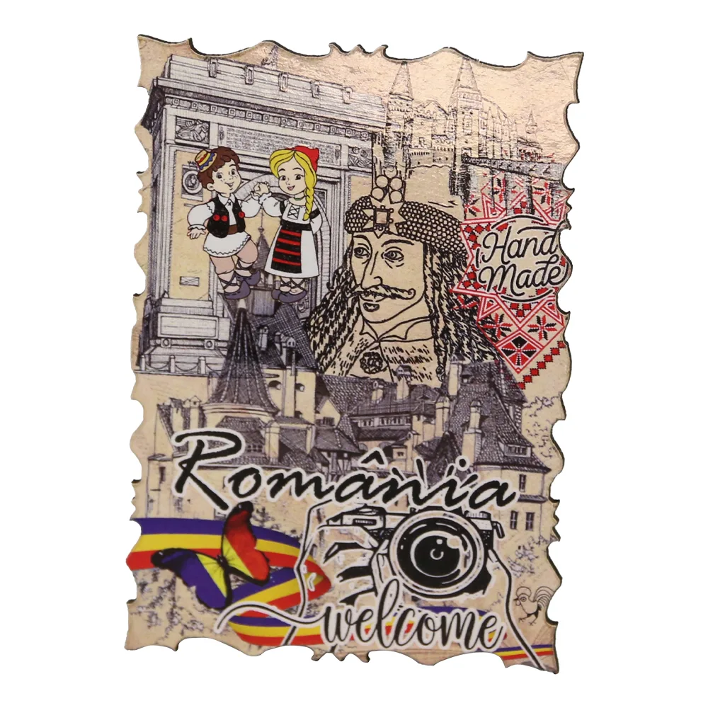 Magnet de frigider din lemn Welcome to Romania 9.5 x 7 cm