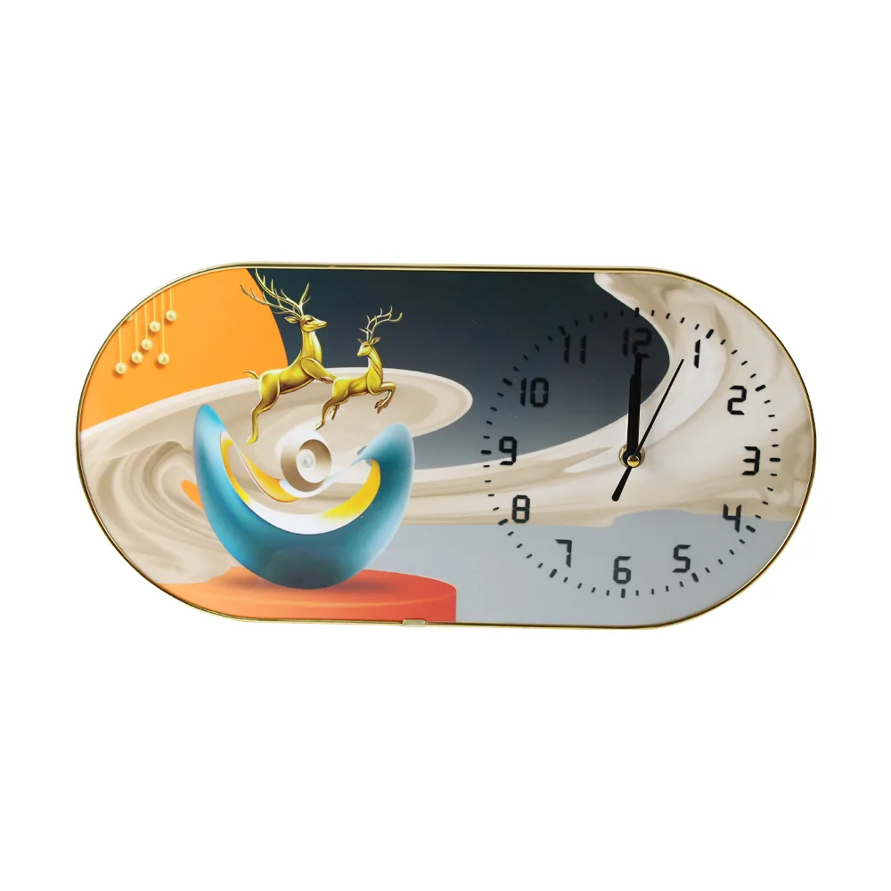 Ceas de perete decorativ din plastic cu cerbi aurii 39.5 x 20 cm