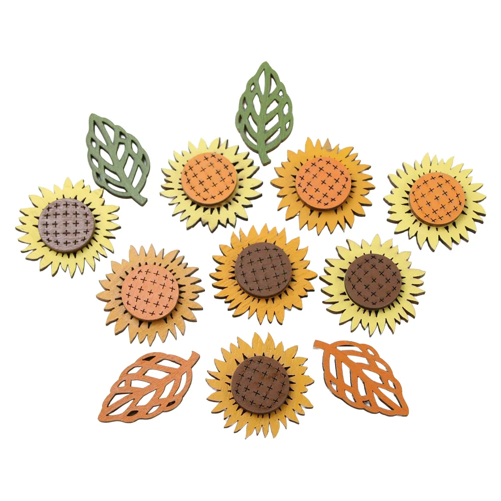 Set 12 decor de toamna din lemn Floarea soarelui/ frunze 3.5 cm