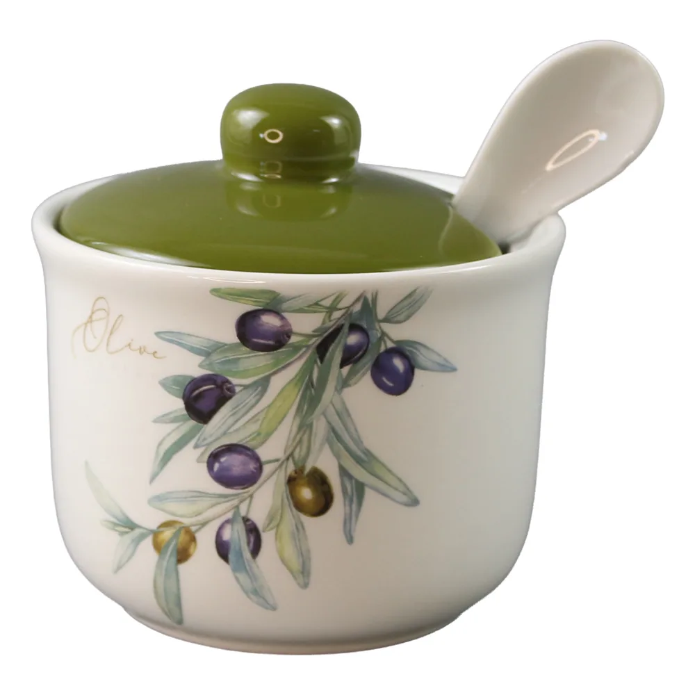 Zaharnita ceramica cu capac si lingurita Olive 10 x 11 cm