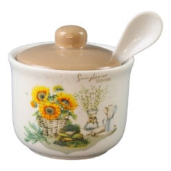Zaharnita ceramica cu capac si lingurita Floarea soarelui 10 x 11 cm