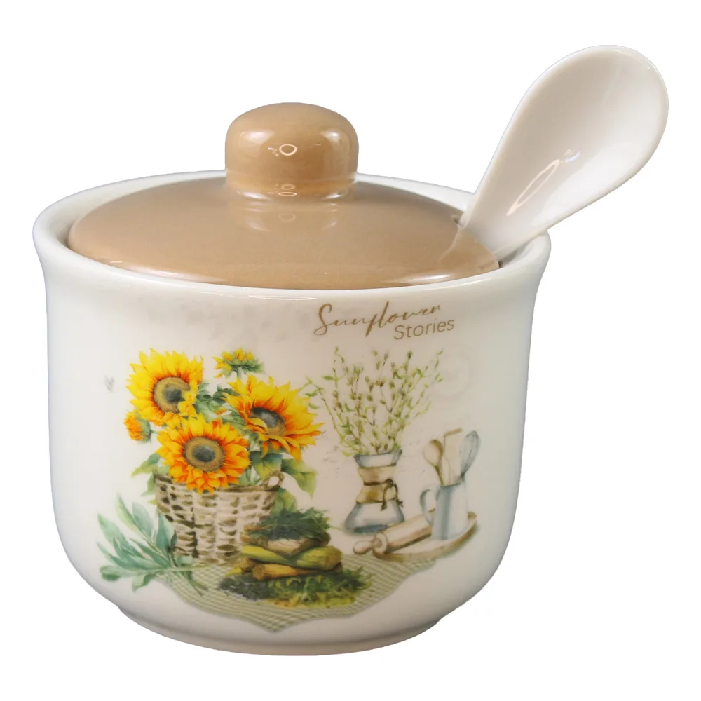 Zaharnita ceramica cu capac si lingurita Floarea soarelui 10 x 11 cm Zaharnita ceramica cu capac si lingurita Floarea soarelui 10 x 11 cm