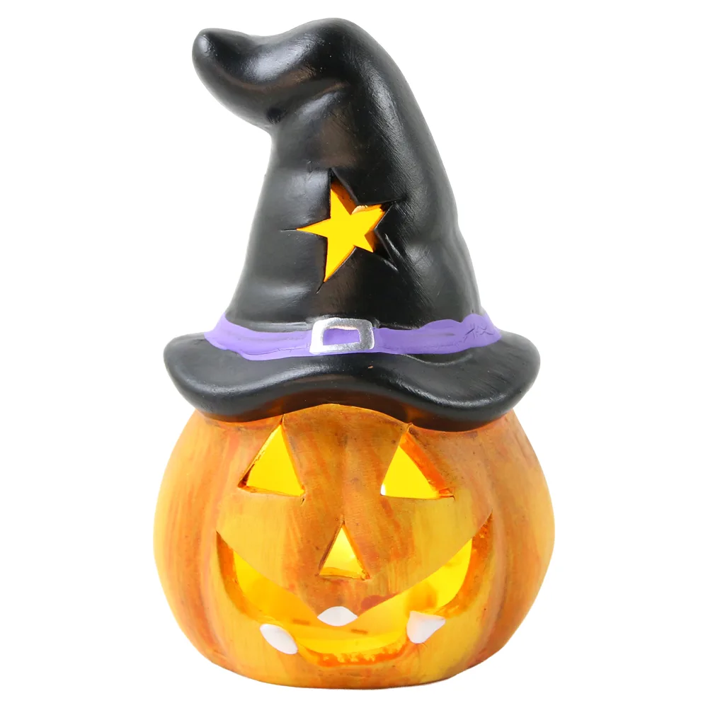 Figurina Halloween din ceramica cu LED Dovleac cu palarie 6.5 x 10 cm Figurina Halloween din ceramica cu LED Dovleac cu palarie 6.5 x 10 cm
