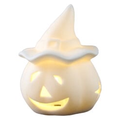 Figurina Halloween din portelan alb cu LED Dovleac cu palarie 7 x 9 cm