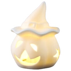 Figurina Halloween din portelan alb cu LED Dovleac cu palarie 7 x 9 cm