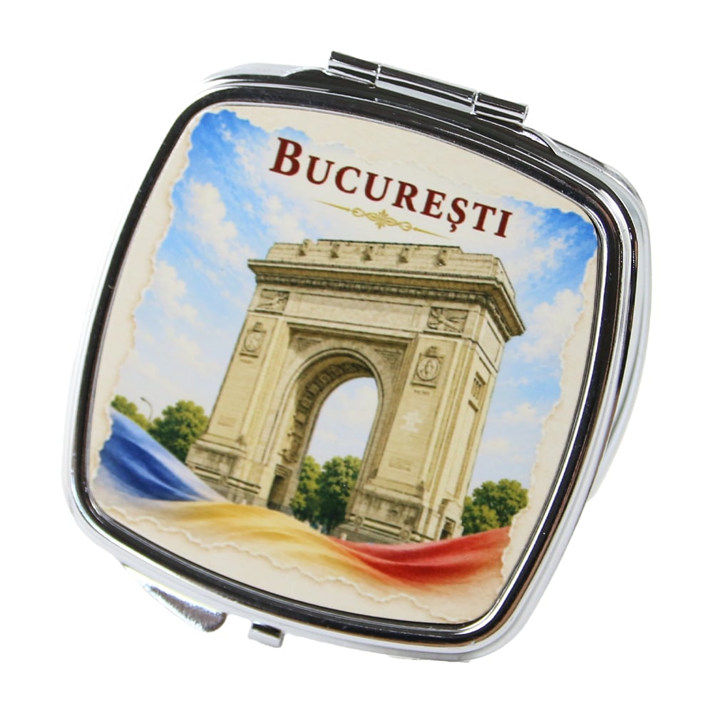 Oglinda metalica de buzunar Arcul de Triumf, Bucuresti 6.5 x 7 cm