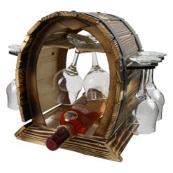 Suport din lemn tip butoi cu sticla de vin si 6 pahare - 750 ml
