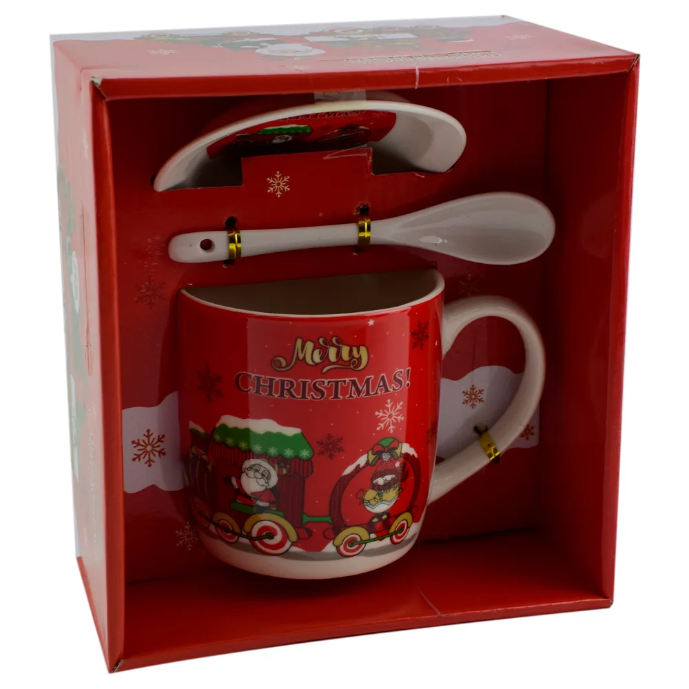 Cana de craciun cu farfurie si lingurita realizata din ceramica - Design Craciun - 2 modele