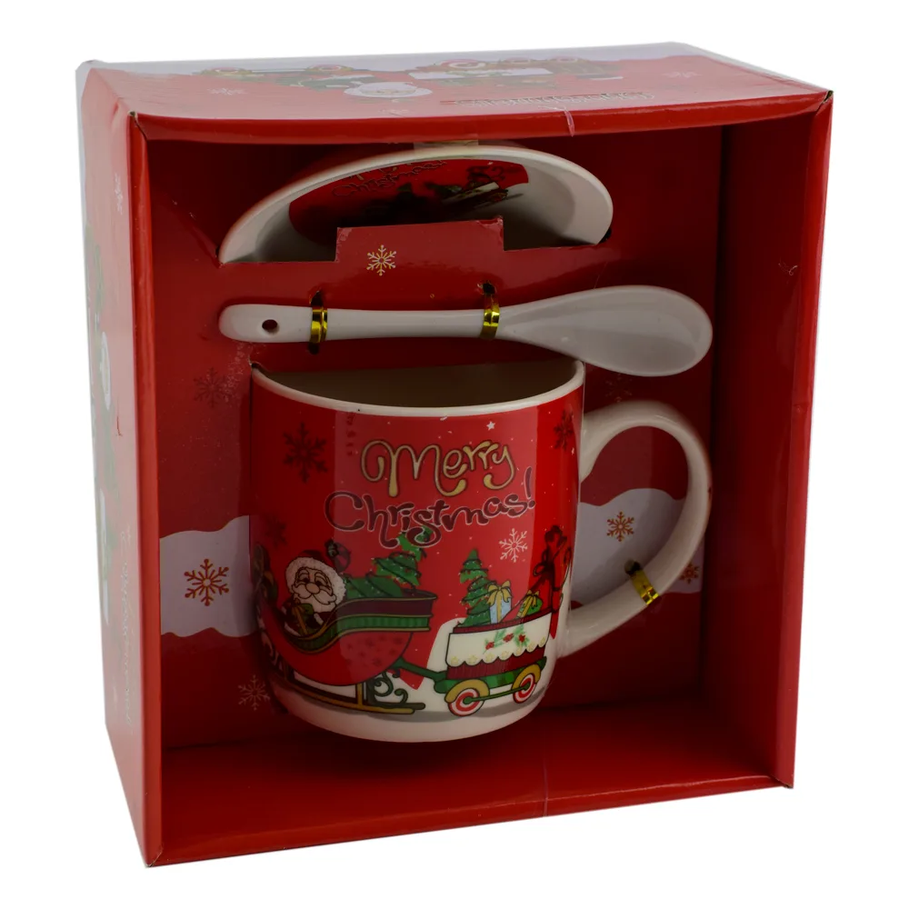 Cana de craciun cu farfurie si lingurita realizata din ceramica - Design Craciun - 2 modele