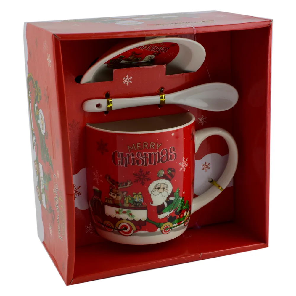 Cana de craciun cu farfurie si lingurita realizata din ceramica - Design Craciun - 2 modele
