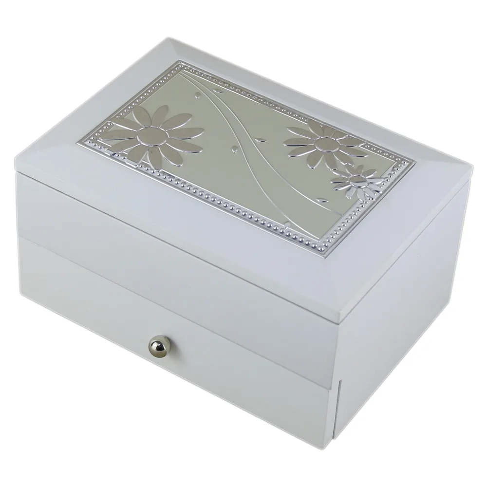 Caseta bijuterii din lemn cu placuta metalica gravata 18?14 CM Margarete/Inima Alb