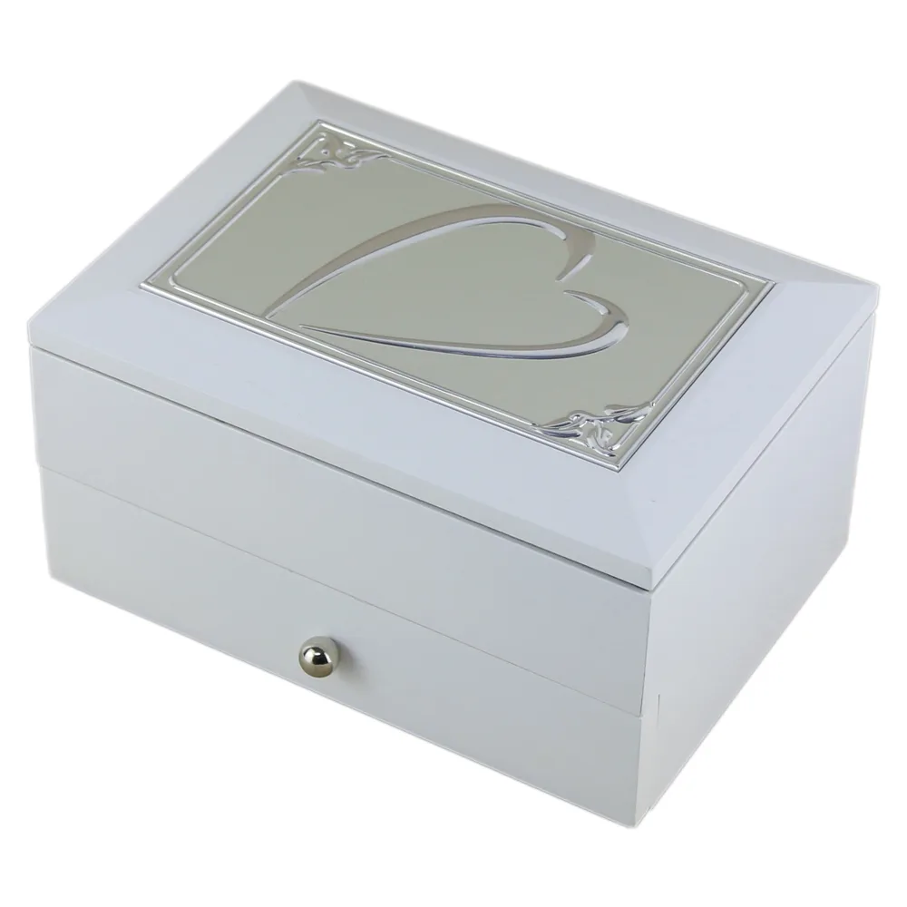 Caseta bijuterii din lemn cu placuta metalica gravata 18?14 CM Margarete/Inima Alb