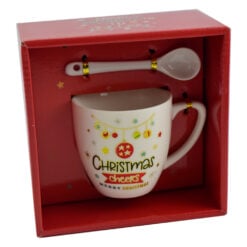 Cana de craciun cu lingurita realizata din ceramica - Design Merry Christmas - Diverse modele in cutie (Model 1)