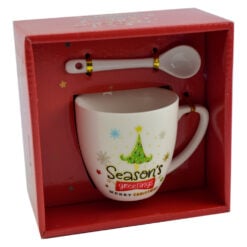 Cana de craciun cu lingurita realizata din ceramica - Design Merry Christmas - Diverse modele in cutie (Model 1)
