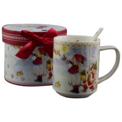 Cana de craciun cu lingurita realizata din ceramica in cutie cadou - Design Craciun