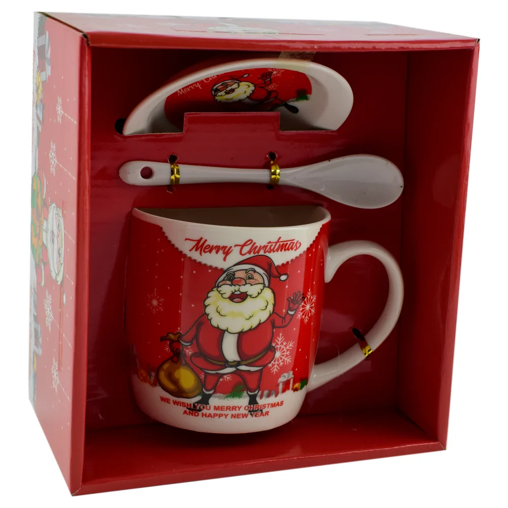 Set Cana de craciun cu farfurie si lingura realizata din ceramica in cutie - Design Mos Nicolae si inscriptia "Merry Christmas" - Diverse modele (Model 1) Set Cana de craciun cu farfurie si lingura realizata din ceramica in cutie - Design Mos Nicolae si inscriptia "Merry Christmas" - Diverse modele (Model 1)