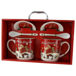 Set 2 cani cu farfurii si lingurite din ceramica "Merry Christmas"