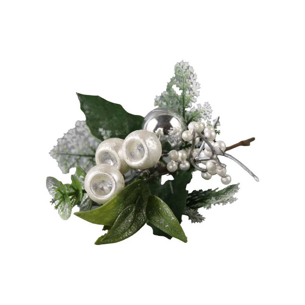 Pick decorativ cu bobite albe si glob argintiu 21 cm Pick decorativ cu bobite albe si glob argintiu 21 cm