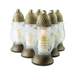 Set 6 candele din sticla pentru cimitir "Emleked szivunkben orokke el" cu lumanare - 25 cm
