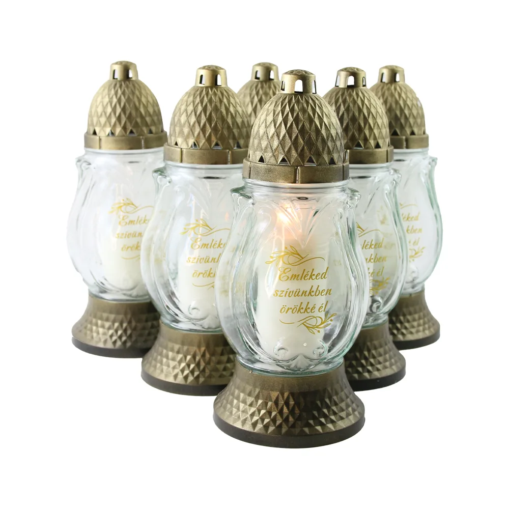 Set 6 candele din sticla pentru cimitir "Emleked szivunkben orokke el" cu lumanare - 25 cm
