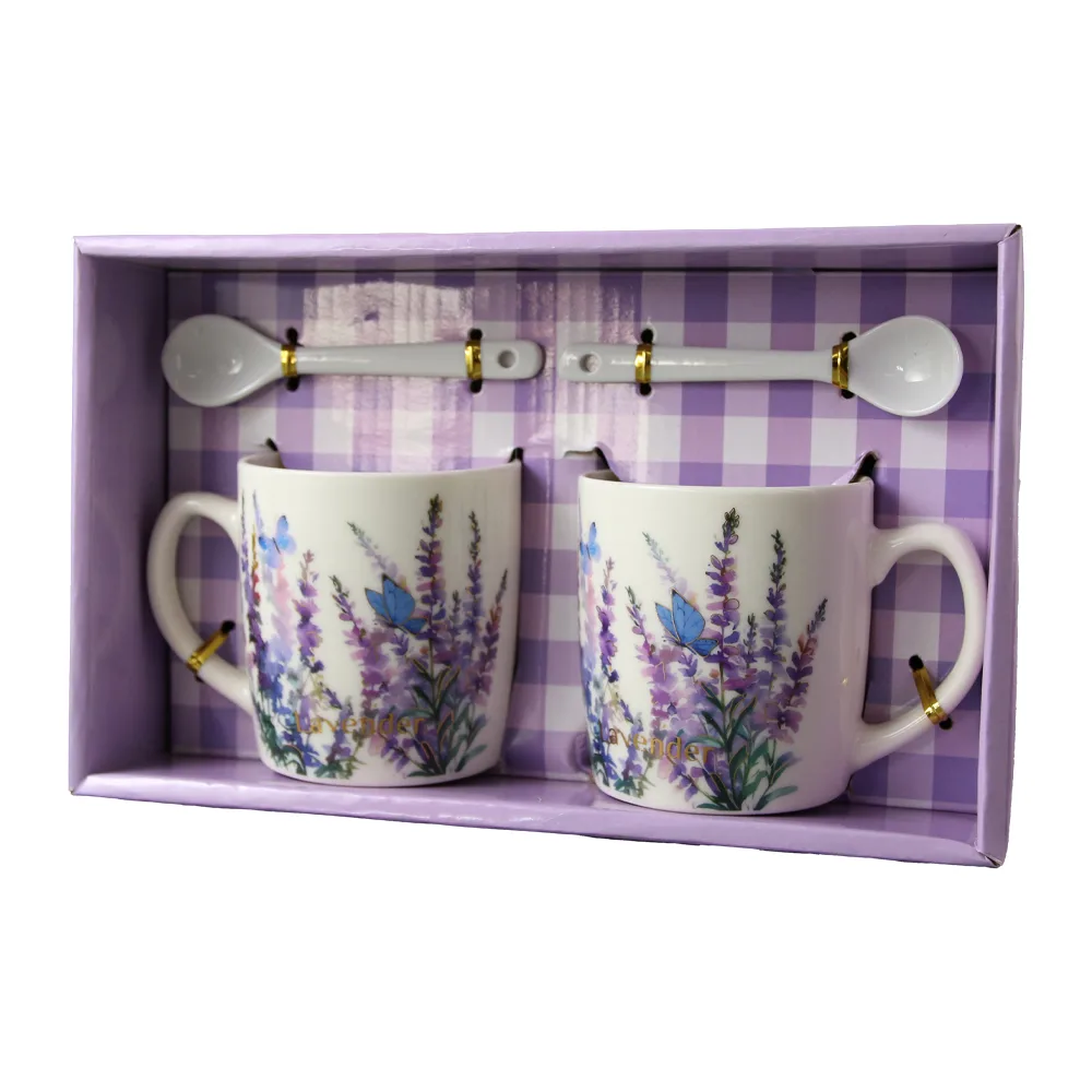 Set 2 cani din ceramica cu lingurite "Lavender" 200 ml Set 2 cani din ceramica cu lingurite "Lavender" 200 ml