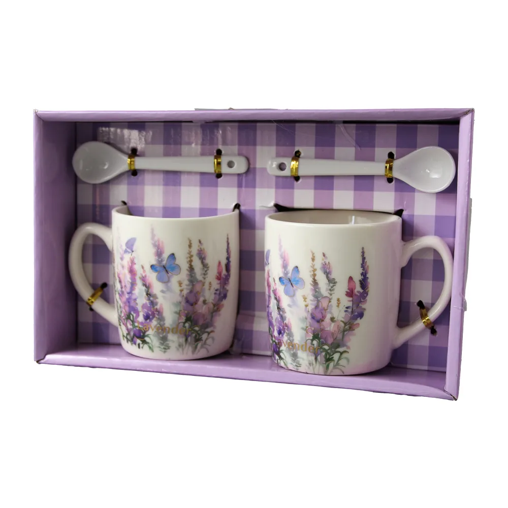 Set 2 cani din ceramica cu lingurite "Lavender" 200 ml Set 2 cani din ceramica cu lingurite "Lavender" 200 ml