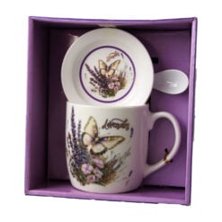 Cana din ceramica cu farfurie si lingurita "Lavender" 330 ml