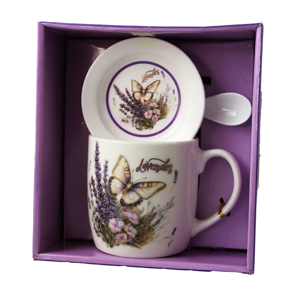 Cana din ceramica cu farfurie si lingurita "Lavender" 330 ml Cana din ceramica cu farfurie si lingurita "Lavender" 330 ml