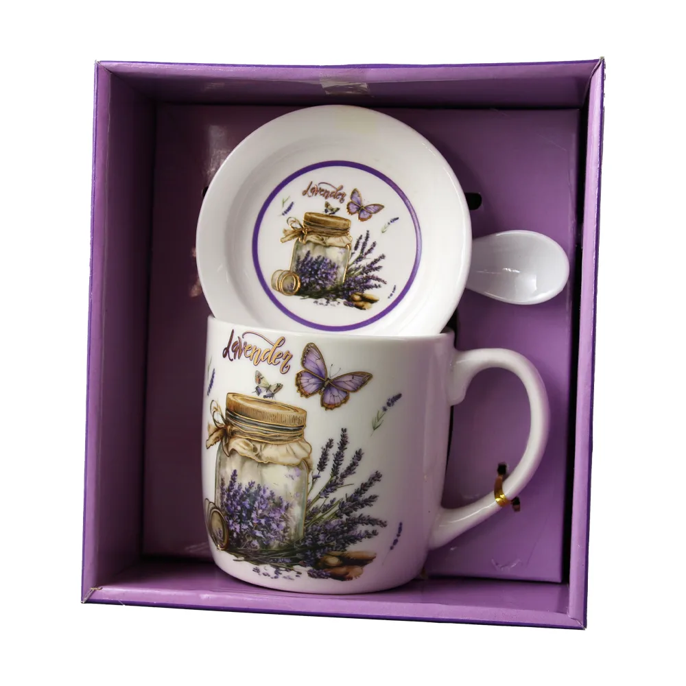 Cana din ceramica cu farfurie si lingurita "Lavender" 330 ml Cana din ceramica cu farfurie si lingurita "Lavender" 330 ml
