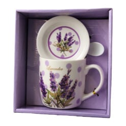 Cana din ceramica cu farfurie si lingurita "Lavender" 330 ml