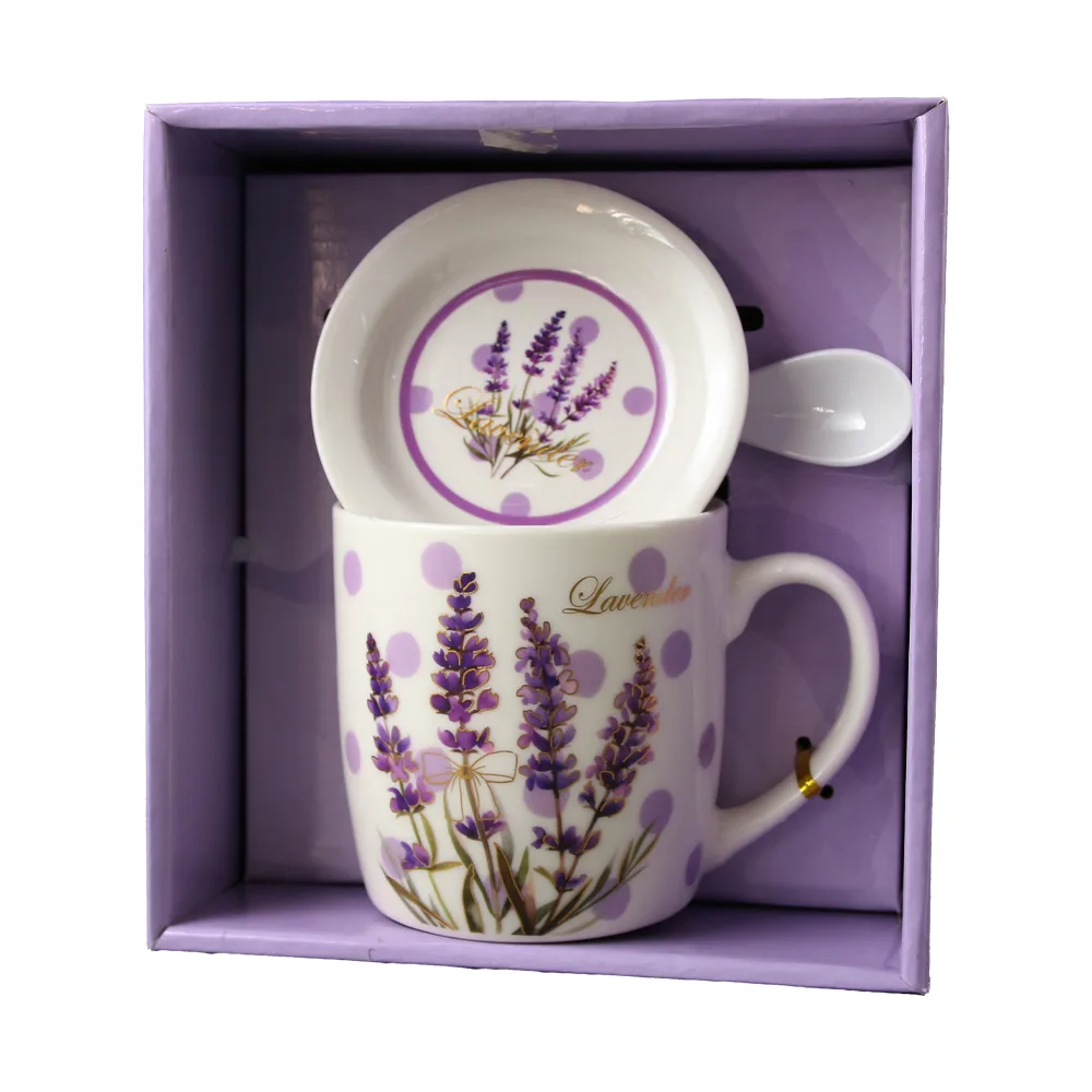 Cana din ceramica cu farfurie si lingurita "Lavender" 330 ml