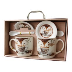 Set 2 cani din ceramica cu farfurii si lingurite "Coffee" 330 ml