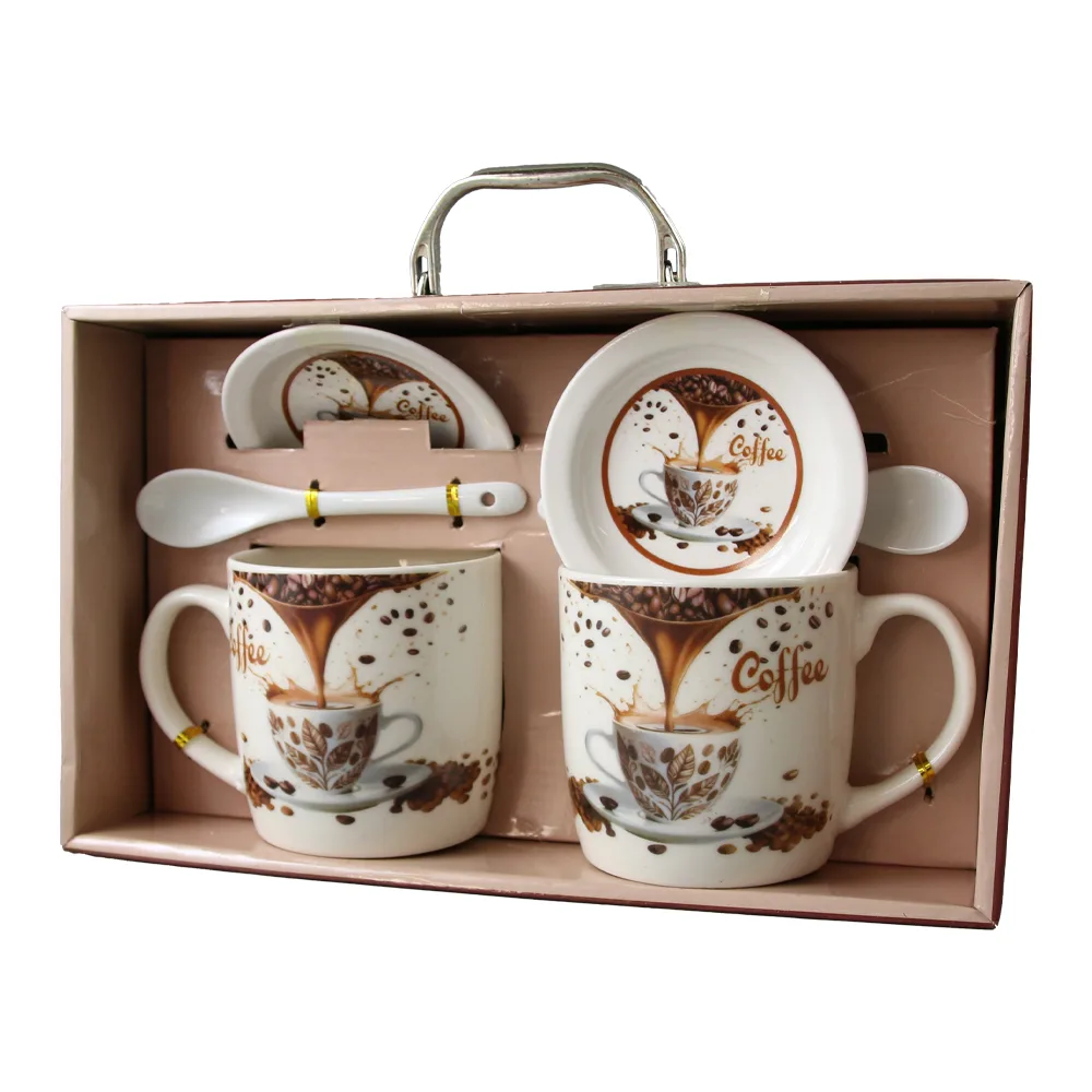 Set 2 cani din ceramica cu farfurii si lingurite "Coffee" 330 ml Set 2 cani din ceramica cu farfurii si lingurite "Coffee" 330 ml