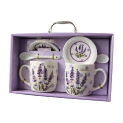 Set 2 cani din ceramica cu farfurii si lingurite "Lavender" 330 ml