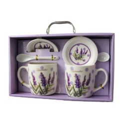 Set 2 cani din ceramica cu farfurii si lingurite