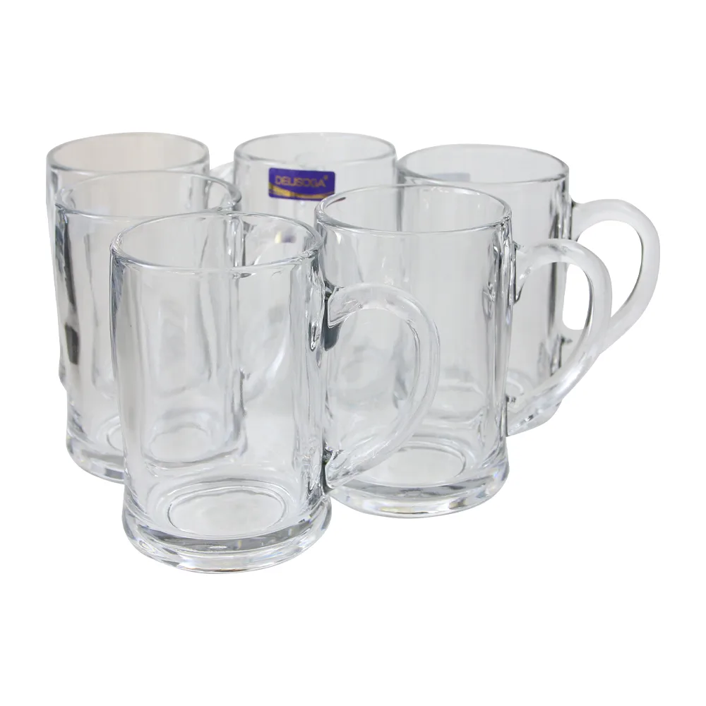 Set de 6 cani din sticla transparenta 380 ml Set de 6 cani din sticla transparenta 380 ml
