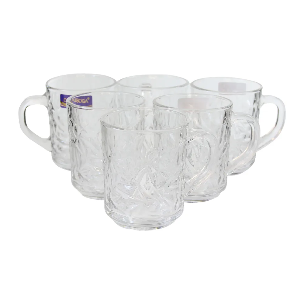 Set de 6 cani din sticla transparenta 240 ml Set de 6 cani din sticla transparenta 240 ml